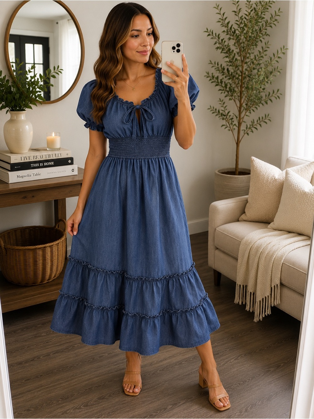 NWT Speed Limit Denim Blue Puff Sleeve Smocked Midi Dress Size M